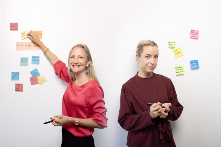 Twee witte vrouwen plakken post-its op de muur
