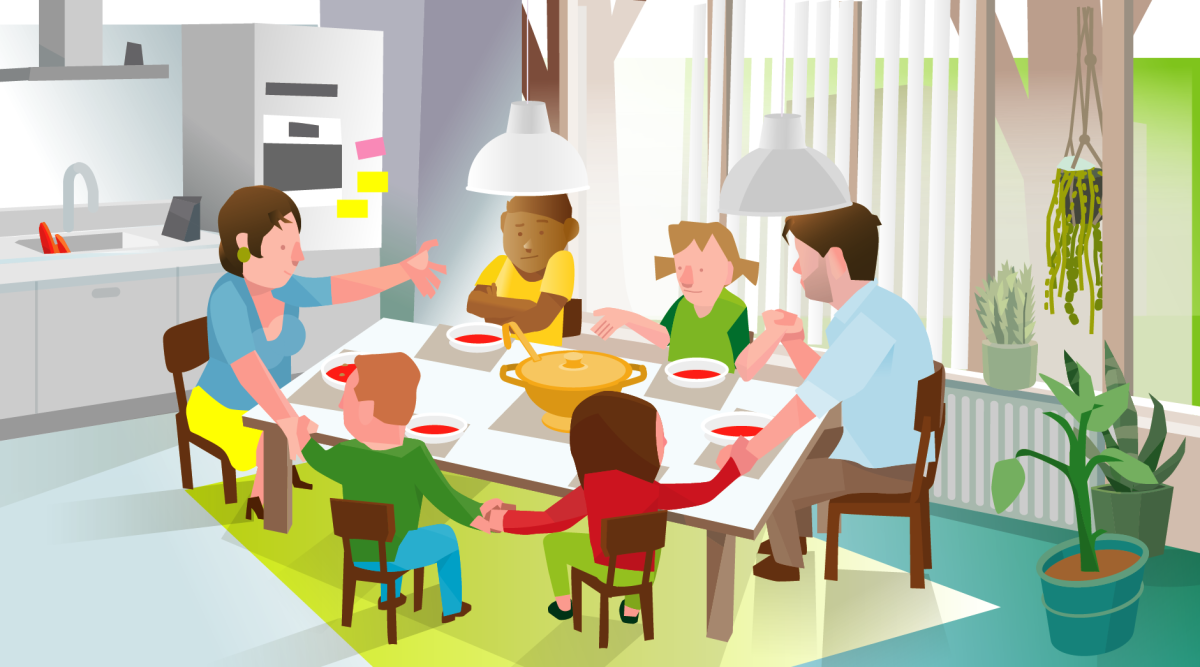 illustratie: pleegkind met pleeggezin aan tafel, geven elkaar een hand