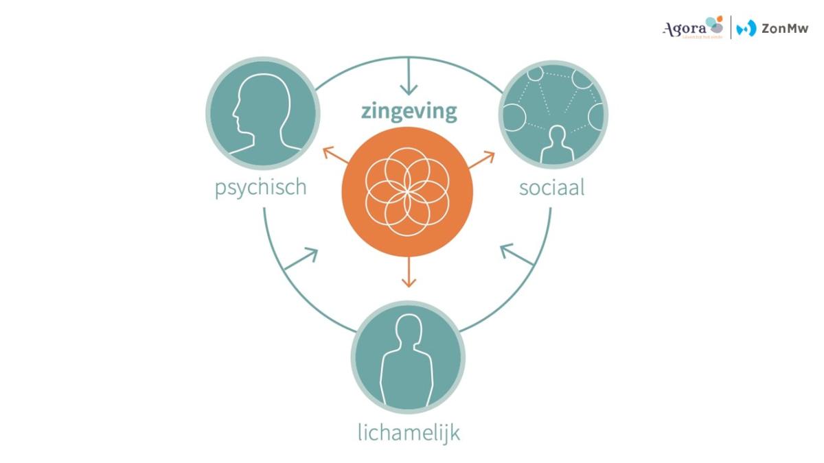 Illustratie hoe zingeving centraal staat in het psychische, sociale en lichamelijke element