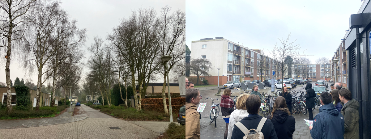 Twee foto's naast elkaar: links een straat met veel berken en rechts een groep mensen in een versteende wijk.