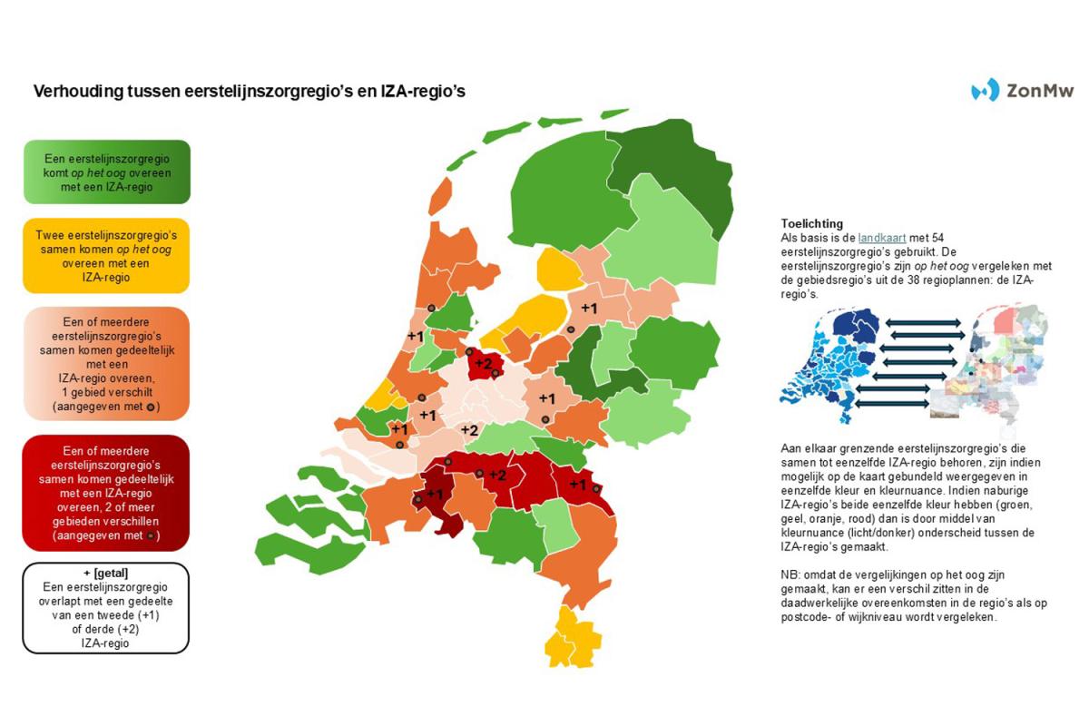 Landkaart die verhouding tussen eerstelijnszorgregio's en IZA-regio's weergeeft