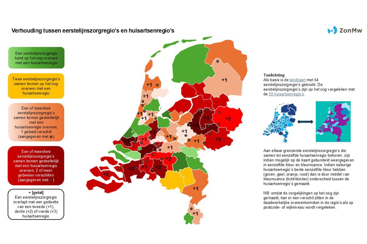 Verhouding tussen eerstelijnszorgregio's en huisartsenregio's in een landkaart weergegeven