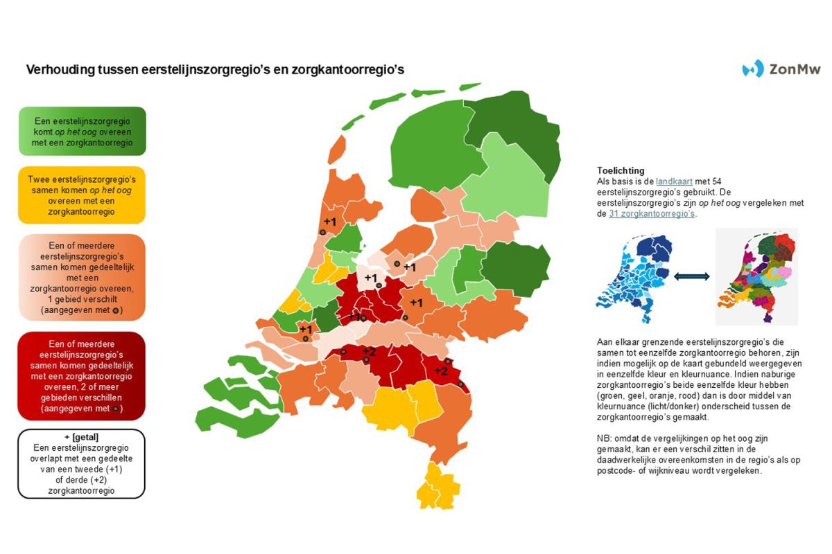 Landkaart die de verhouding tussen eerstelijnszorgregio's en zorgkantoorregio's weergeeft