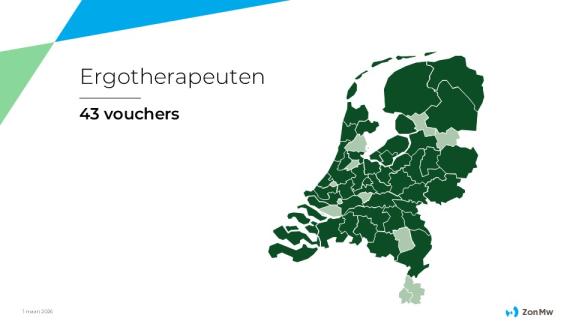 Landkaart waarop de regio's waarin een ZonMw-voucher voor ergotherapie is aangevraagd, donkergroen is gekleurd