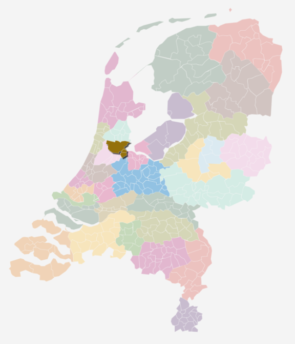 Kaart van Nederland waarin de zorgkantoorregio Amsterdam is uitgelicht