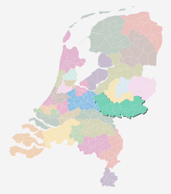 Kaart van Nederland waarin de zorgkantoorregio Arnhem is uitgelicht