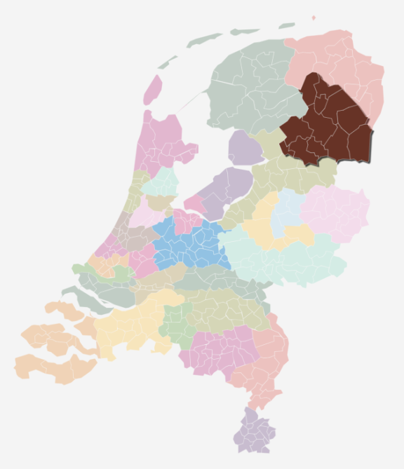 Kaart van Nederland waarin de zorgkantoorregio Drenthe is uitgelicht