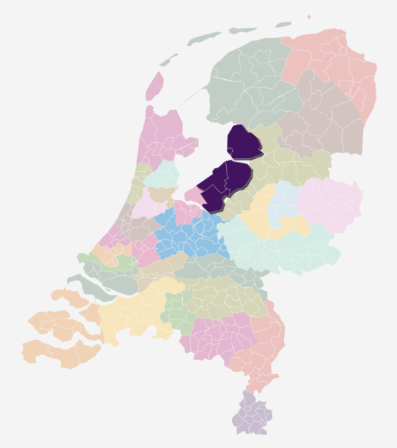 Kaart van Nederland waarin de zorgkantoorregio Flevoland is uitgelicht