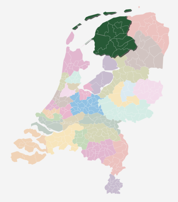 Kaart van Nederland waarin de zorgkantoorregio Friesland is uitgelicht