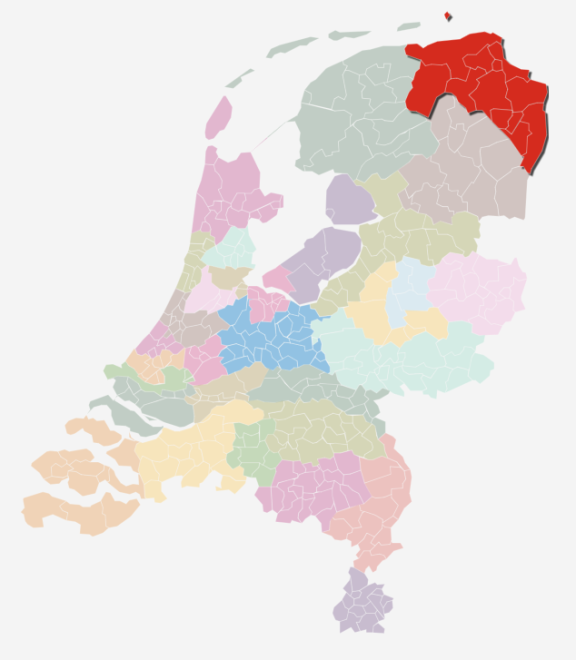 Kaart van Nederland waarin de zorgkantoorregio Groningen is uitgelicht