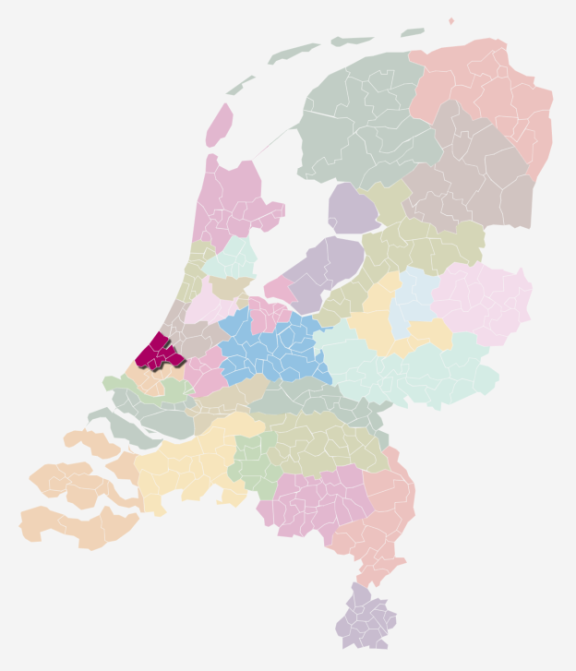 Kaart van Nederland waarin de zorgkantoorregio Haaglanden is uitgelicht