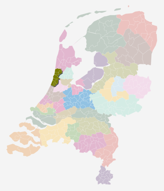 Kaart van Nederland waarin de zorgkantoorregio Kennemerland is uitgelicht