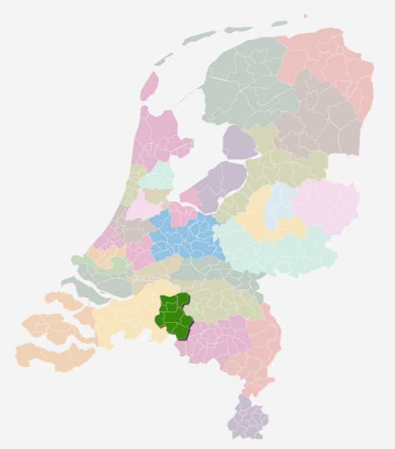 Kaart van Nederland waarin de zorgkantoorregio Midden-Brabant is uitgelicht
