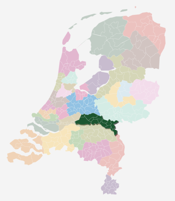 Kaart van Nederland waarin de zorgkantoorregio Nijmegen is uitgelicht