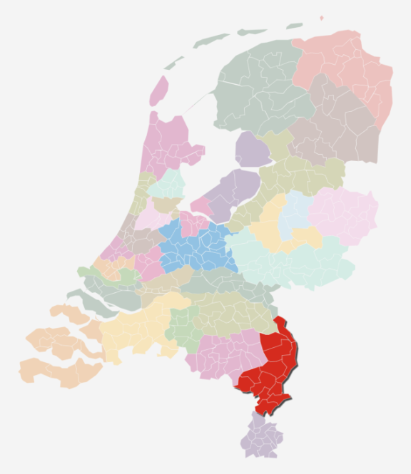 Kaart van Nederland waarin de zorgkantoorregio Noord- en Midden-Limburg is uitgelicht