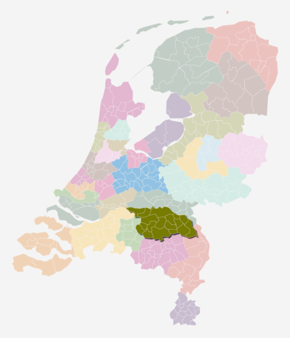 Kaart van Nederland waarin de zorgkantoorregio Noord-oost Brabant is uitgelicht
