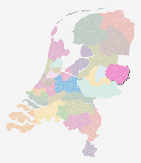 Kaart van Nederland waarin de zorgkantoorregio Twente is uitgelicht