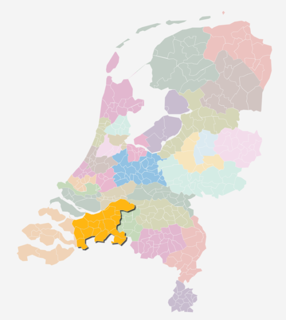 Kaart van Nederland waarin de zorgkantoorregio West-Brabant is uitgelicht