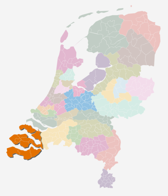 Kaart van Nederland waarin de zorgkantoorregio Zeeland is uitgelicht