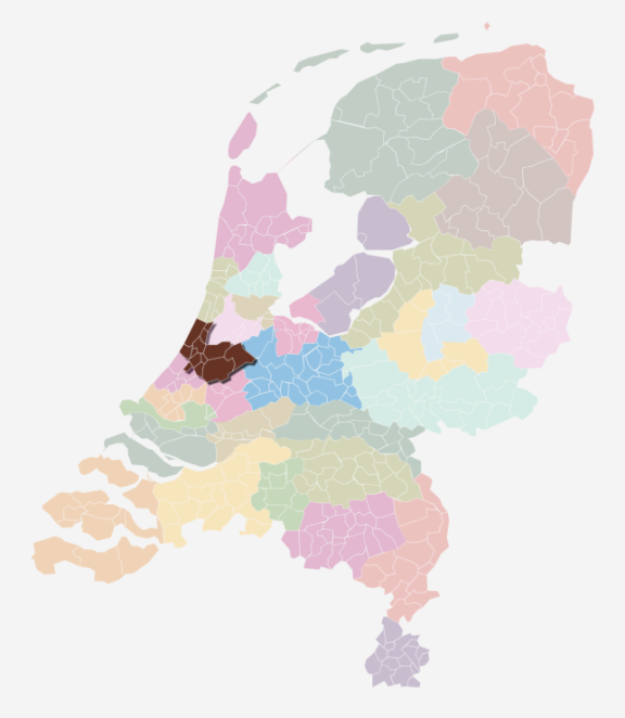 Kaart van Nederland waarin de zorgkantoorregio Zuid-Holland-Noord is uitgelicht