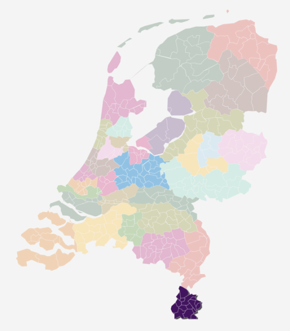 Kaart van Nederland waarin de zorgkantoorregio Zuid-Limburg is uitgelicht