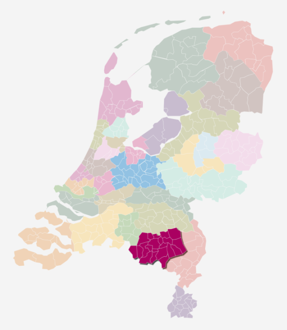 Kaart van Nederland waarin de zorgkantoorregio Zuid-Oost Brabant is uitgelicht
