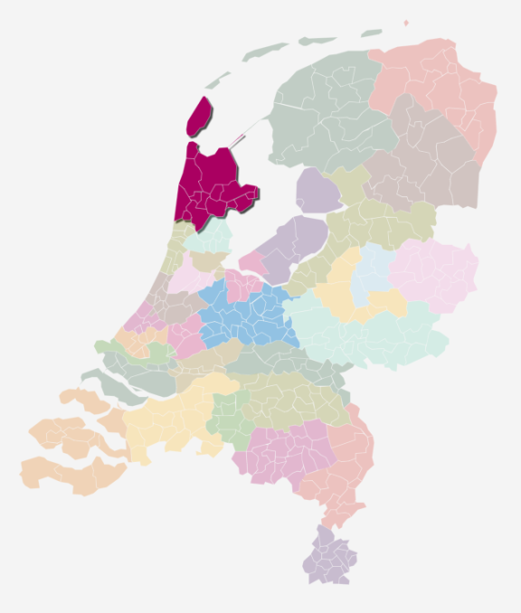 Kaart van Nederland waarin de zorgkantoorregio Noord-Holland Noord is uitgelicht