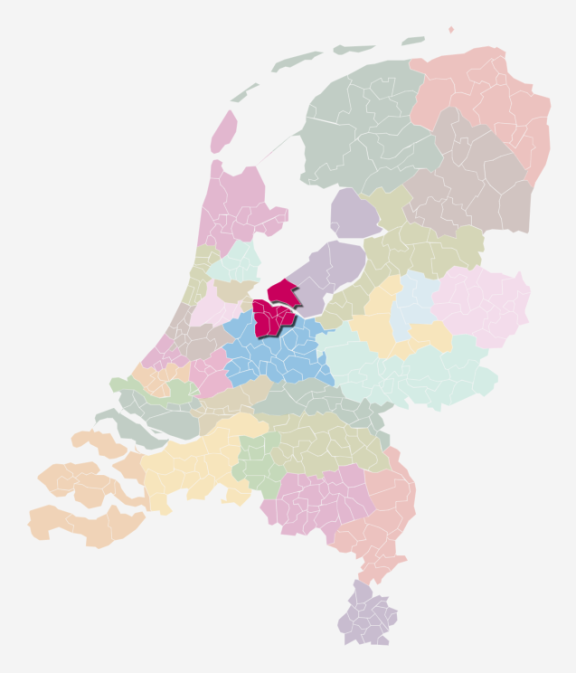 Kaart van Nederland waarin de zorgkantoorregio 't Gooi is uitgelicht