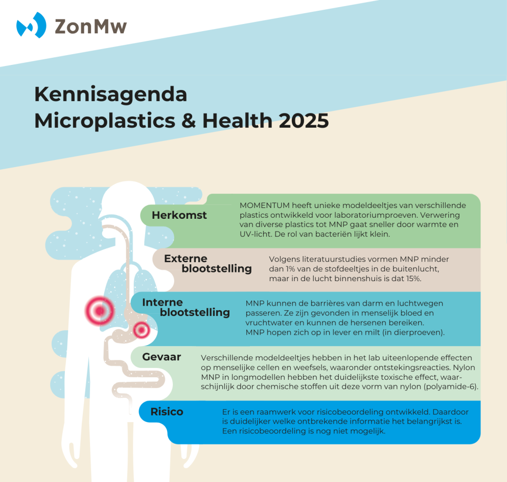Factsheet ZonMw Microplastics 2025. Vertelt over de herkomst, externe blootstelling, interne blootstelling, gevaar en risico's van microplastics.