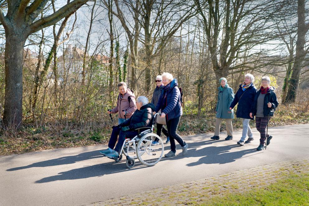 Groep ouderen wandelen met 1 persoon in een rolstoel in het bos